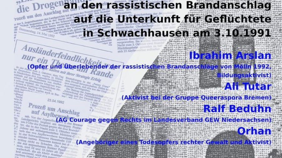 Onlineveranstaltung: Podiumsgespräch: Zum rassistischen Brandanschlag auf die Geflüchtetenunterkunft in Schwachhausen